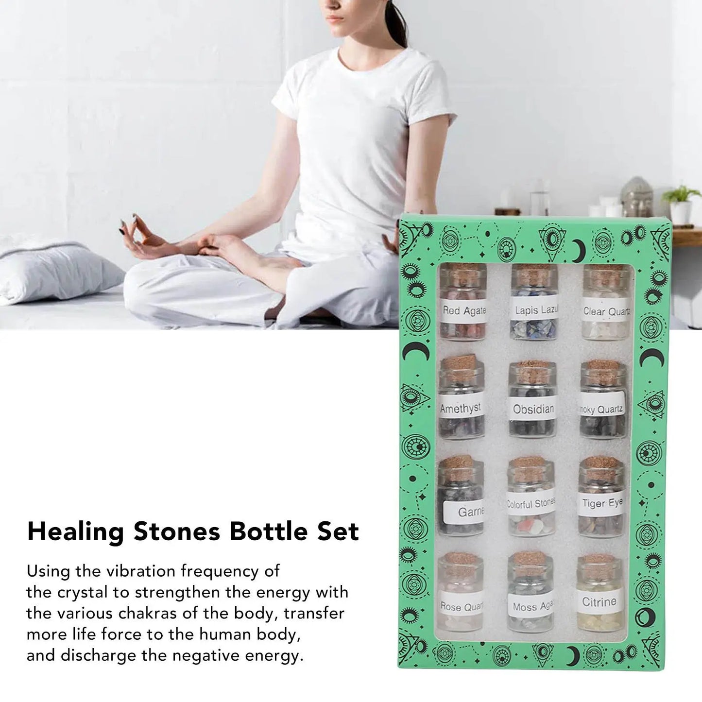 Set de 12 Fioles de Pierres Naturelles Cristaux pour Chakras & Énergie - Collection "Énergies Sacrées"
